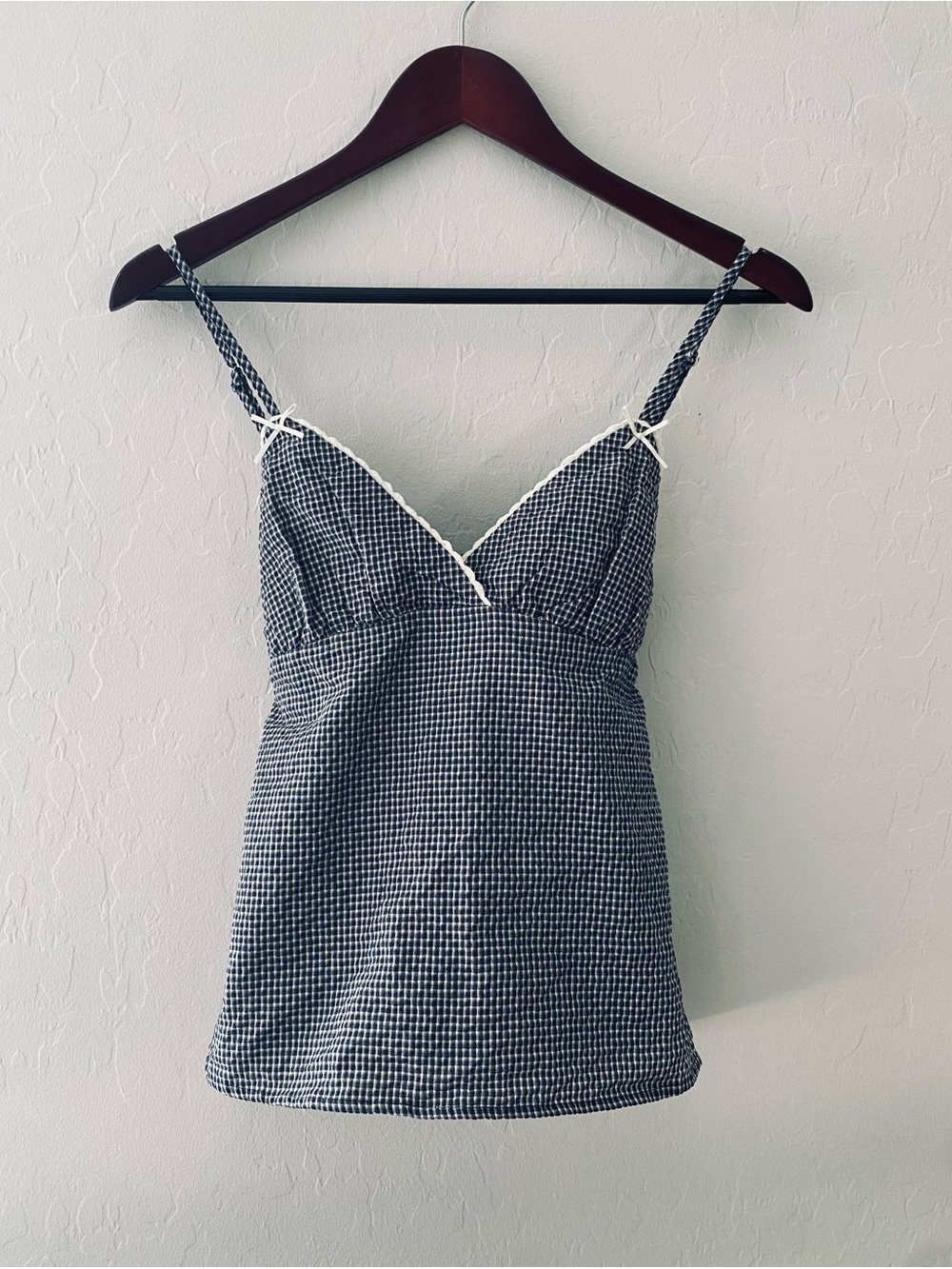 Gingham Camisole Top Cami Navy Blue White Lace Trim Ribbon Bow Cottagecore Small